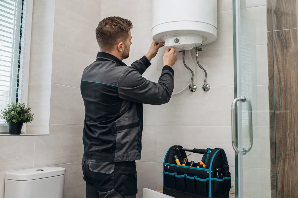 Technician inspecting a wall mounted geyser